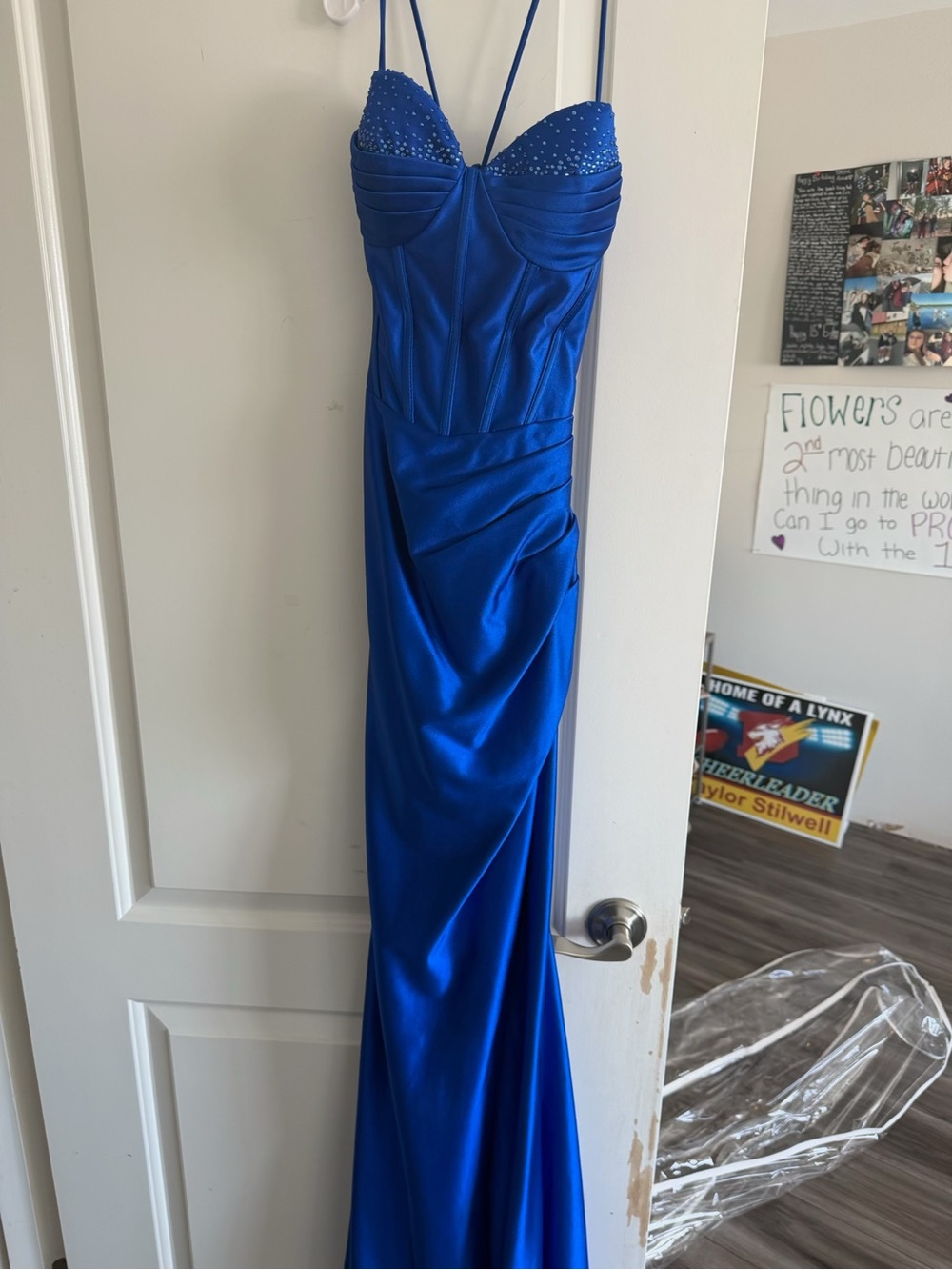 Royal Blue Satin Prom Gown with Beaded Sweetheart Bust